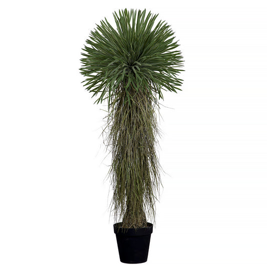 Artificial Yucca Rostrata 150cm with needle-like green leaves and textured trunk in a decorative pot